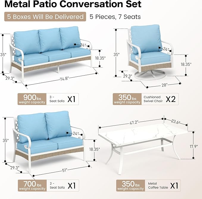 SUNSHINE VALLEY 6 Piece Metal Outdoor Patio Furniture Set, Patio Conversations Sets 3-Seater Sofa, 2-Seater Sofa, 2 Swivel Chair with 5.75" Thick Cushion & Coffee Table White Backyard Furniture, Blue