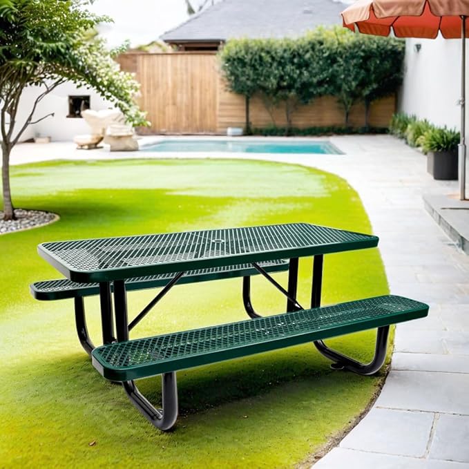 Phyfalip 6 ft. Rectangular Outdoor Steel Picnic Table with Umbrella Pole, Heavy-Duty Weather-Resistant Dining Table for Patio, Backyard, and Garden, Rust-Resistant Finish, Green