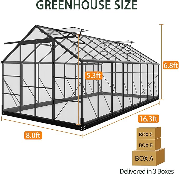 Greenhouses for Outdoors, 8x16 FT Polycarbonate Greenhouses with 4 Adjustable Roof Vents, Walk-in Aluminum Frame Green Houses for Outside with Sliding Doors Windproof, Garden