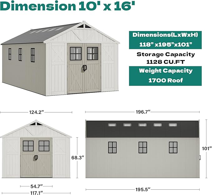 Devoko 10 x 16 FT Resin Outdoor Storage Shed, Extra Large Plastic Shed with Skylight, Floor and Lockable Door, Storage Bike, Tools, Lawn Mower for Garden, Backyard, Patio, Beige