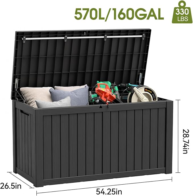 Outdoor Storage Box, Resin Deck Boxes Indoor and outdoor, Waterproof Storage Box Lockable Lid (Black, 150 Gallon)
