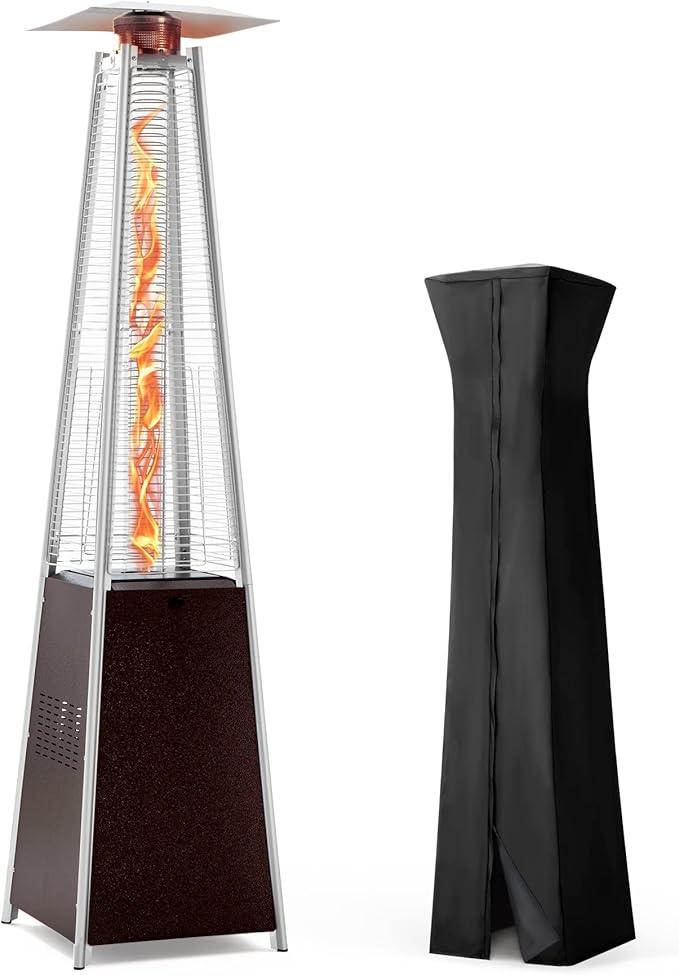 48,000 BTU Flame Pyramid Pool Heater With Cover, Triple Safety Protection Portable Patio Heater with Patio Cover, Warm Glass Tube with Durable Wheels-Brown