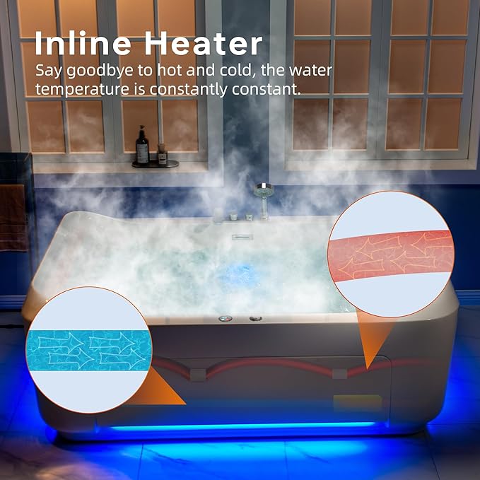 WOODBRIDGE 70-7/8"L x 47-1/4"W 2 Person Freestanding Hydrotherapy Whirlpool and Air Bath Heated Soaking Combination Massage Tub with Adjustable Speed Air Blower and Display Control Panel, B0091