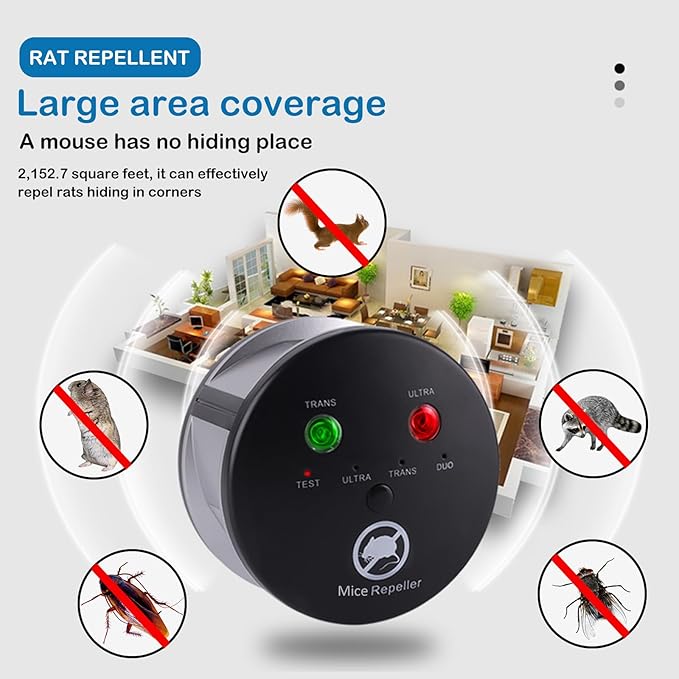 Ultrasonic Mouse Repellent Indoor,Rodent Repellent Electronic Plug in, Multi-Mode Variable Frequency 360° Ultrasonic Squirrels Mice Repeller for House Basement Office Garage Warehouse RVs