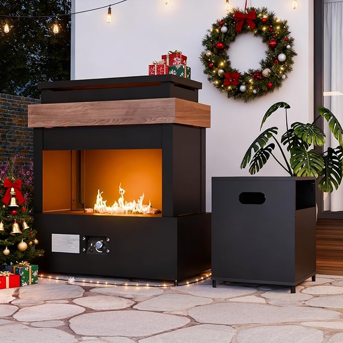 35'' Outdoor Propane Fireplace with Tank Storage, CSA Certified 50,000 BTU Patio Firepit with Dust Cover for Garden, Backyard and Balcony, Gray/Beige
