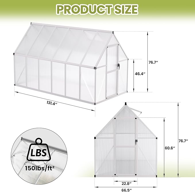 IDEALHOUSE 6x11 FT Greenhouse for Outdoors, Lockable Door and Ajustable Roof Vent, Polycarbonate Greenhouse with Windproof Aluminum Frame, Aluminum Walk-in Greenhouses, for Backyard, Lawn