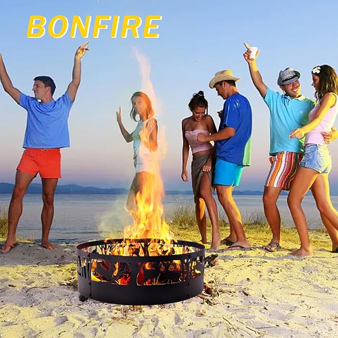 Fire Pit Ring Outdoor Steel: Heavy Duty Round Firepit Ring with Patterned Cutouts for Backyard Camping & Beach Bonfires 36Inch