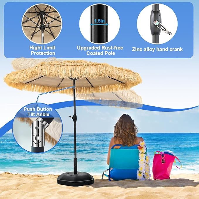 8FT Tiki Umbrella, Beach Umbrella UV-Stability, Outdoor Patio Umbrella Hawaiian Style 8 large Ribs, Thatched umbrellas with Push Button Tilt and Crank Lift for Tiki Bar, Pool, Beach, Natural