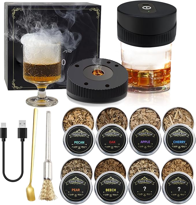 Rechargeable Whiskey Smoker Kit with 8 Wood Chip, Electric Whiskey Smoker Kit Built-in Lighter, Old Fashioned Smoker Kit, Bourbon Whiskey Gifts for Men,Dad,Husband,Boyfriend (No Butane Needed)