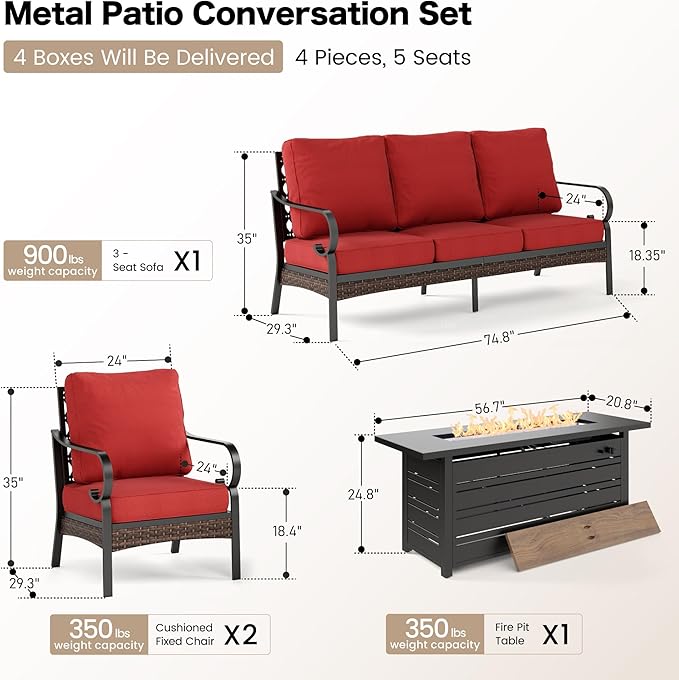 SUNSHINE VALLEY 4 Piece Black Metal Outdoor Patio Furniture Sets with Firepit Table, Patio Conversation Sets 1 3-Seater Sofa, 2 Chairs with 5.75" Thick Cushion Backyard Furniture for Deck, Rust Red