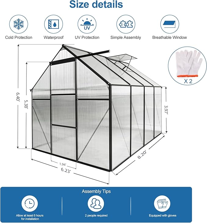6×8 FT Black Polycarbonate Walk-in Greenhouse for Outdoor Backyard, Heavy-Duty Aluminum Frame with Sliding Door, Gutter System & Adjustable Roof Vent, Green House for Winter Gardening