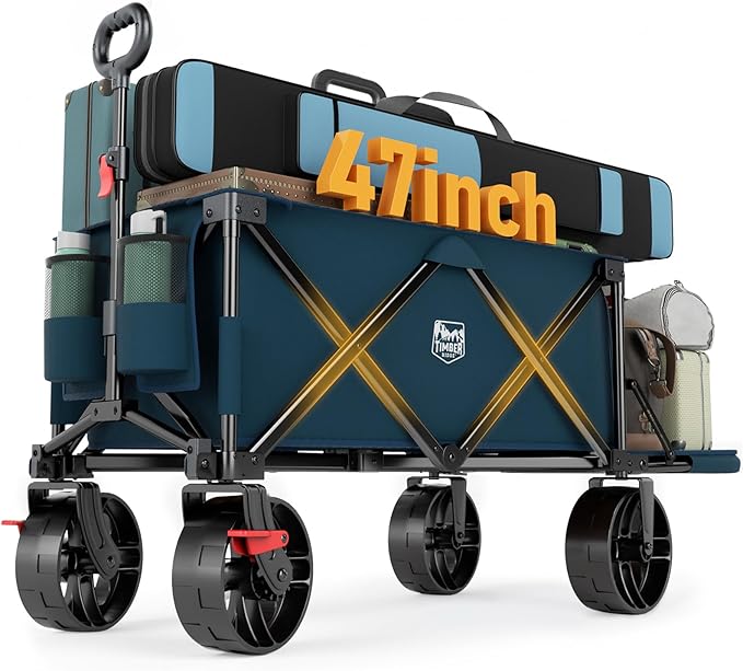 Timber Ridge 47" L Collapsible Wagon with Tailgate & Brake, 550lbs Heavy Duty Beach Wagon with All-Terrain Big Wheels, 250L Foldable Utility Cart for Sand Camping Sports Shopping, Blue