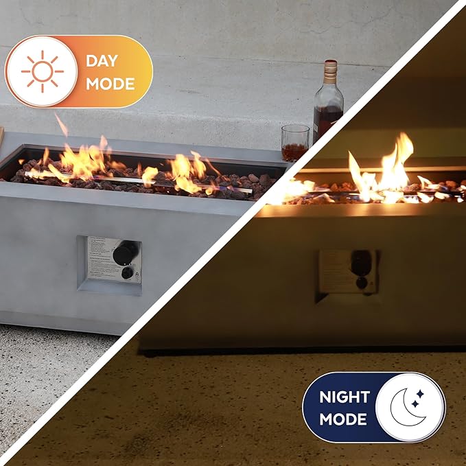 42" Rectangular Propane Fire Pit – 50,000 BTU Concrete Fire Pit with Glass Wind Guard – Outdoor Firepits – Gas Fireplace for Deck or Patio
