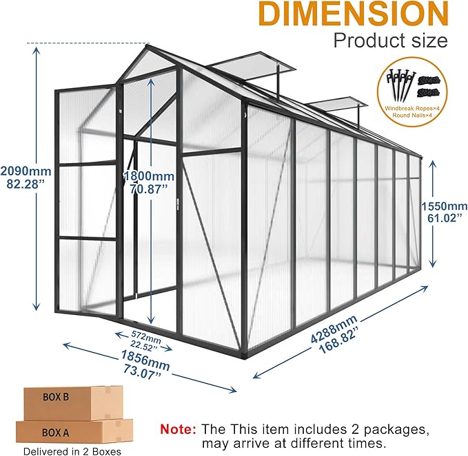 KEIKI Aluminum 6x14 FT Walk-in Polycarbonate Greenhouse, Outdoor Gardening Greenhouse with Raised Base, Roof Vent & Weather-Resistant Panels, Black