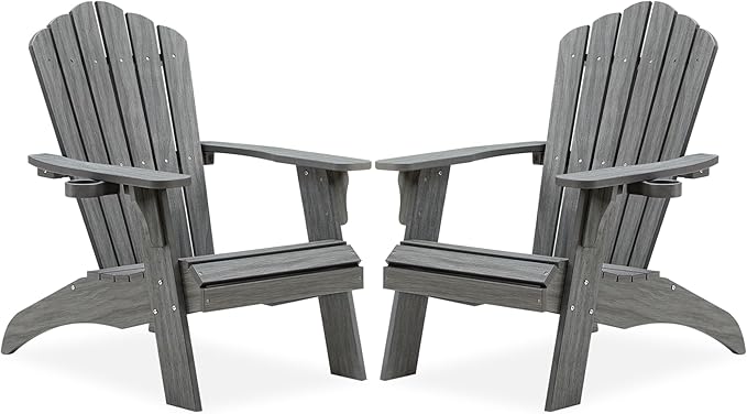Psilvam Oversized Adirondack Chair, Fade-Resistant & Odor-Free Poly Lumber Fire Pit Chairs with Cup Holder, Weatherproof Outdoor Chair, Easy 15 Min Install Patio Chair, 350 Lbs Support (2, Gray)