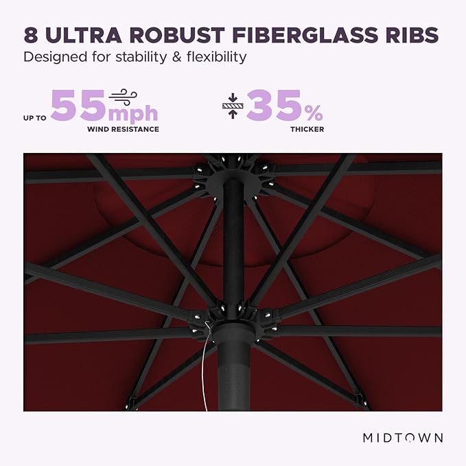 Midtown Umbrellas Push Pop Sunbrella Umbrella 9 Feet Outdoor Umbrella in Burgundy Fabric - Patio Umbrella, Backyard Umbrella, Garden Umbrella, Picnic Table Umbrella & Pool Umbrella - Black Pole