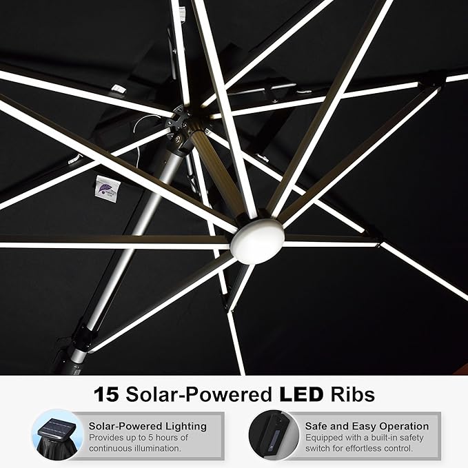 PURPLE LEAF 11 Feet Double Top Deluxe Solar Powered LED Square Patio Umbrella Offset Hanging Umbrella Outdoor Market Umbrella Garden Umbrella, Black