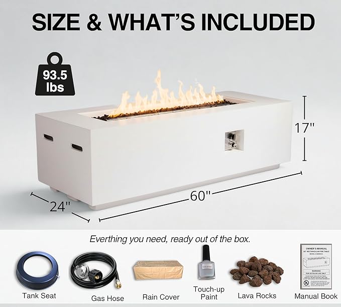 60-Inch Rectangular Outdoor Gas Propane Fire Pit Table,60,000 BTU Light Concrete Fire Table with Waterproof Cover, Tank Seat,Free Lava Rocks, for Outside Patio Backyard,White