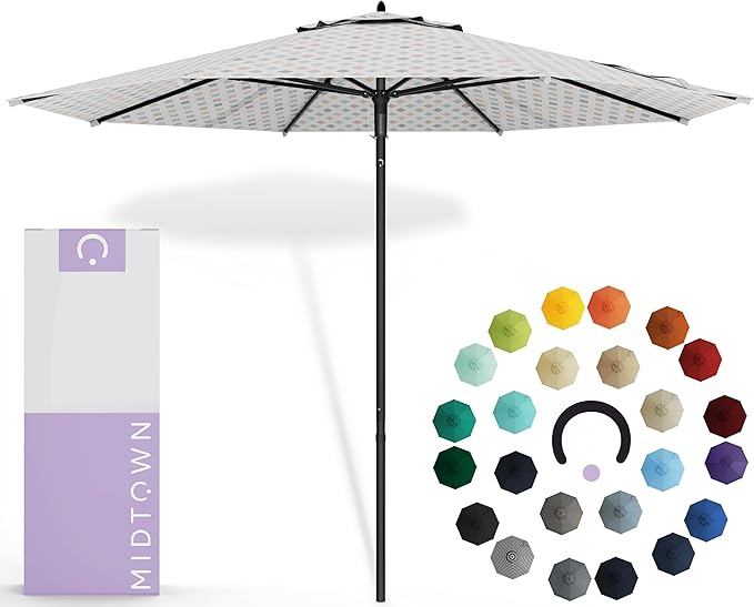 Midtown Umbrellas Push Pop Sunbrella Umbrella 9 Feet Outdoor Umbrella in Infused Gem Fabric - Patio Umbrella, Backyard Umbrella, Garden Umbrella, Picnic Table Umbrella & Pool Umbrella - Black Pole