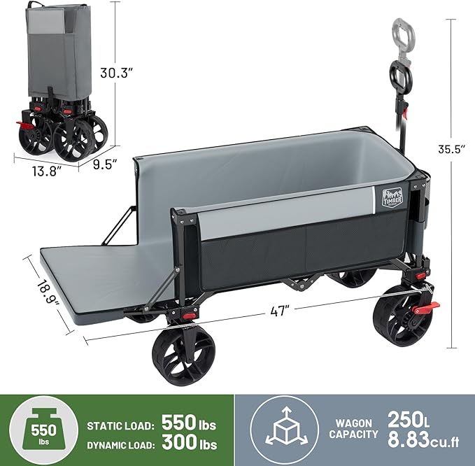 TIMBER RIDGE Beach Wagon with Tailgate, 550lbs Heavy Duty Collapsible Wagon with All-Terrain Big Brakes Wheels, Foldable Utility Cart for Sand Sports Shopping, Gray