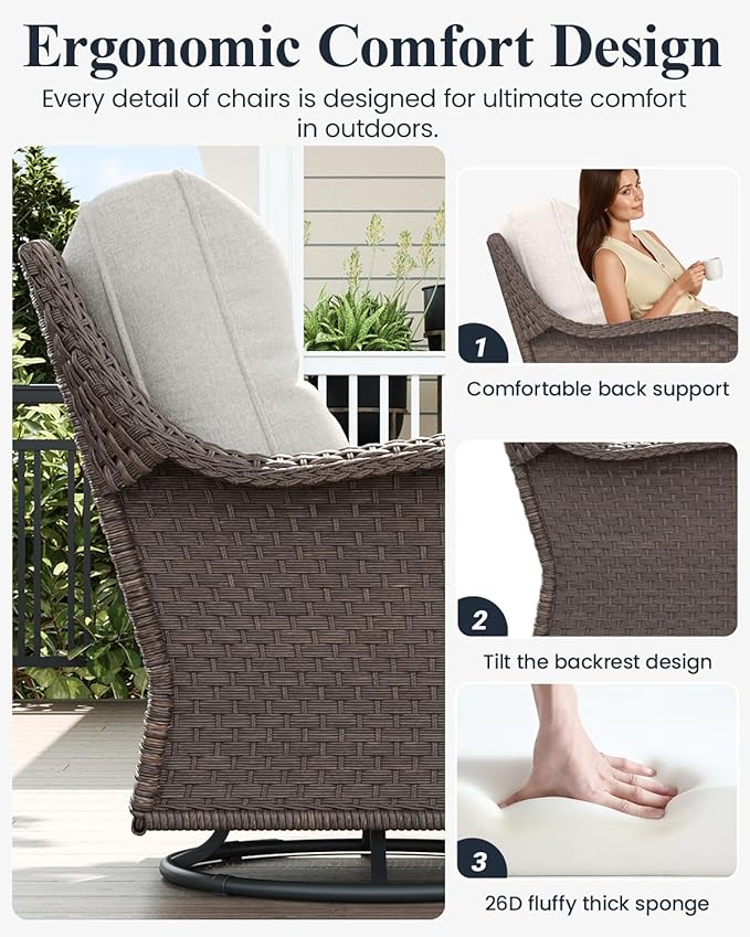 LayinSun 7 Piece Wicker Outdoor Furniture Set with 6-inch Comfy Cushions, High Back Patio Furniture Set with Swivel Rocking Chairs and Side Table