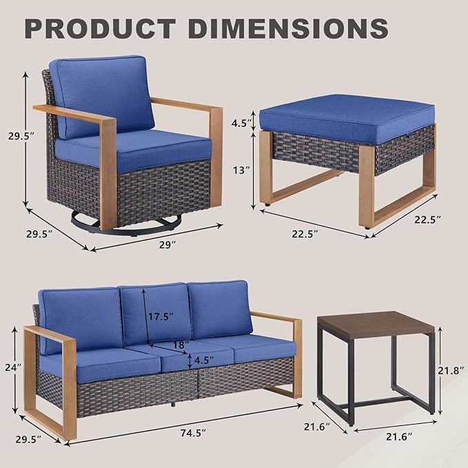 Rilyson Outdoor Wicker Patio Furniture Set - 8 Piece Patio Conversation Set with 4 Wicker Swivel Rocker Chairs,2 Rattan Ottoman 1 Side Table and 1 Couch,Thick Cushions,Deep Seating(Brown/Blue)