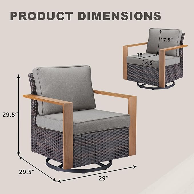 Rilyson Outdoor Patio Swivel Rocker Chairs - Wicker Rattan Patio Swivel Rocking Chairs Set of 2 with Metal Wide Armrest, Thick Cushions and Deep Seating for Deck Porch Sunroom Garden(Brown/Grey)