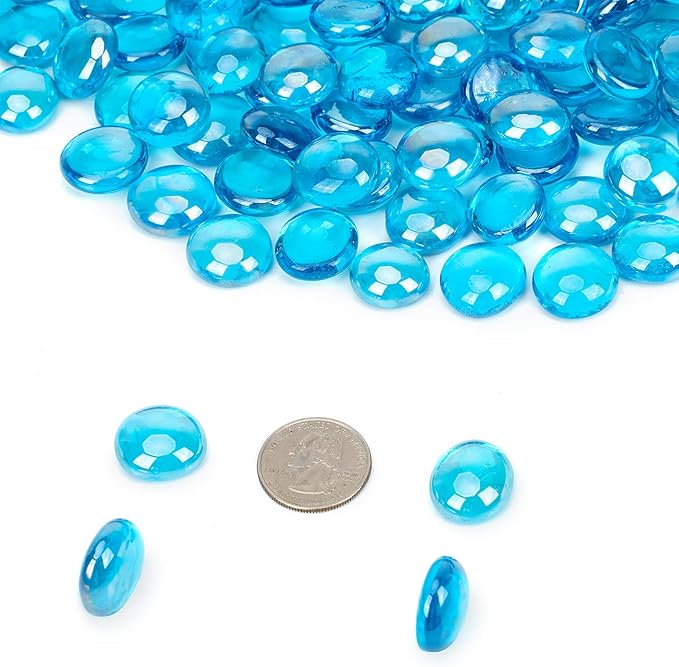 onlyfire 10 Pounds Fire Glass Beads for Propane Fire Pit, 1/2 Inch Reflective Firepit Glass Rocks Flat Marbles for Gas Fireplace and Fire Pit Table, High Luster Caribbean Blue