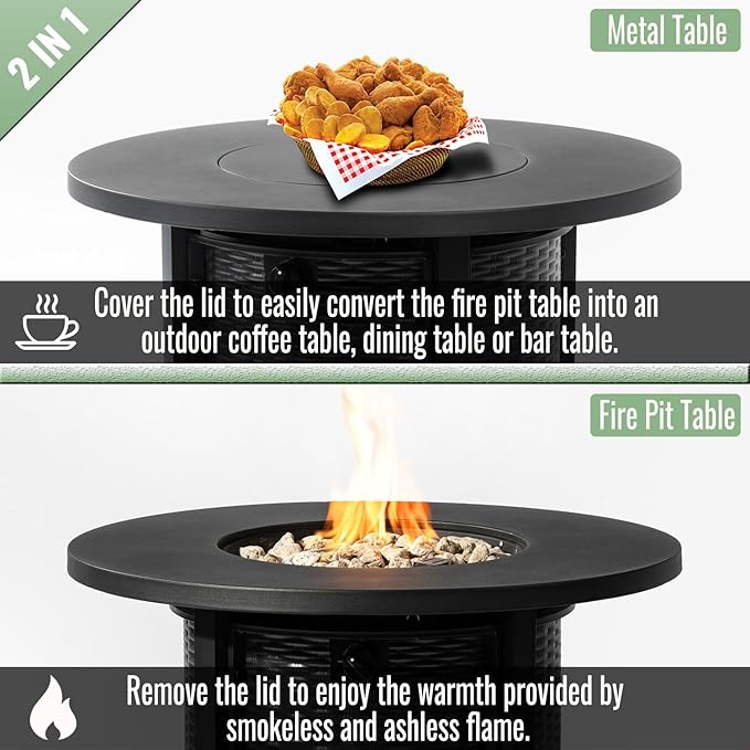 GDFStudio 32" Round Propane Fire Pit Table, 50000 BTU Outdoor Gas Heater with Steel Top & Wicker-Style Base, for Patio Deck Garden Backyard, Black