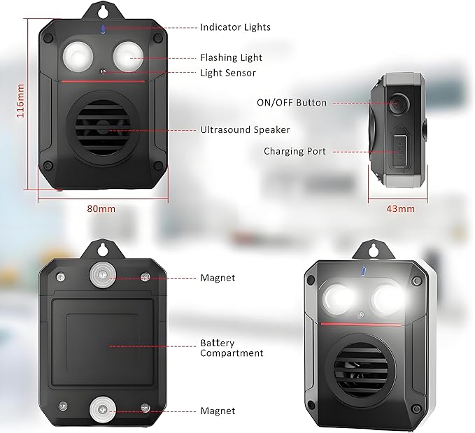 Ultrasonic Rodent Repeller for Car Engines, Sonic Mouse Repellent with Flashlight Sensor, Waterproof Battery Operated Mice Deterrent for Cars for Indoor,Garage,Auto,Against Rat,Squirrel,Skunk,Bat,Cats