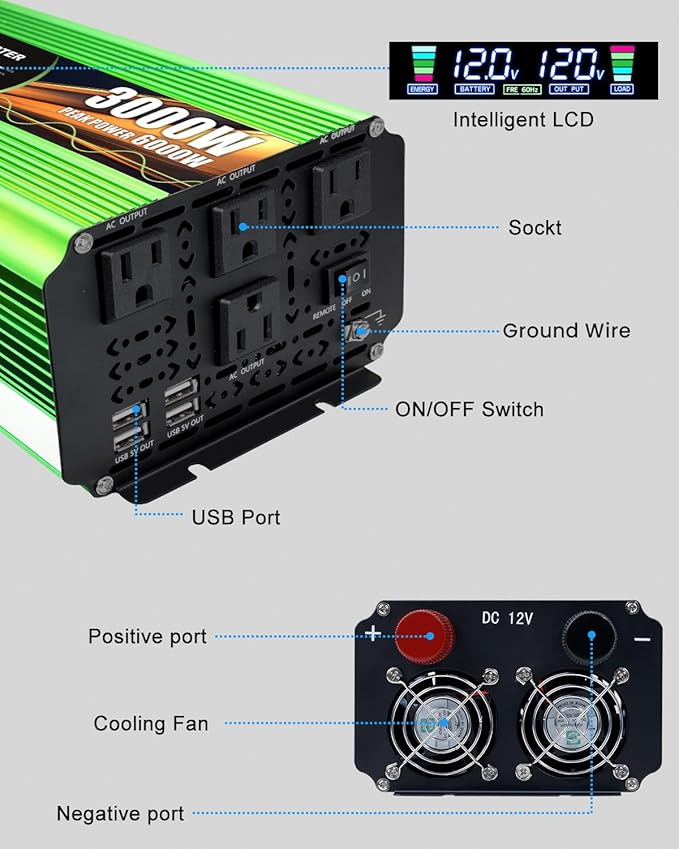 LVYUAN 3000 Watt Pure Sine Wave Power Inverter, DC 12V to 110V Inverter with 2 AWG Battery Cables, Remote & LCD Screen Panel, 4 AC Outlets, 5V/3.1A USB, 20W USB C, 6000 W Surge for RV, truck, off grid