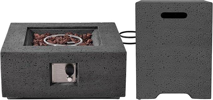 SUNBURY Outdoor Travertine Fire Pit Table, Propane Gas Fire pits &Outdoor Fireplaces 35 inch Square Firepit Table with Tank Cover, 50000 BTU Fire Table for Patio Set, Stone Gray