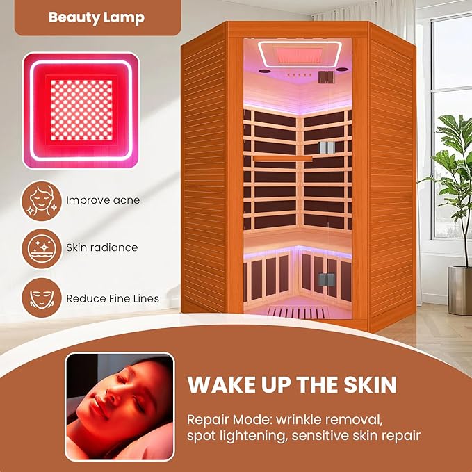 2-3 Person Sauna Corner Sauna Far Infrared Saunas Room Home Canadian Hemlock Indoor 2100W Low-EMF Dry Saunas with Red Light Therapy Beauty Lamp 47.2 * 47.2 * 74.8inch
