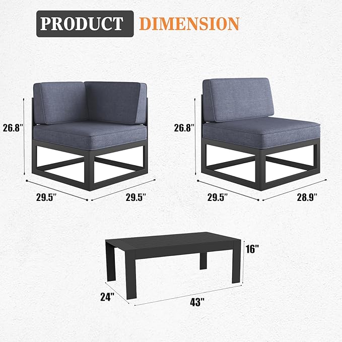 6 Pieces Aluminum Patio Furniture Set with Coffee Table, Metal Outdoor Conversation Sofa Set with Seating Cushions