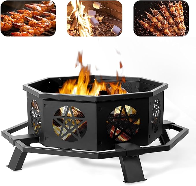 43 Inch Outdoor Fire Pit, Heavy Duty Wood Burning Firepits for Outside, Octagonal Metal Bonfire Fire Pits with Fire Poker for Camping, Backyard, Patio, Garden, Beach, Poolside, Picnic