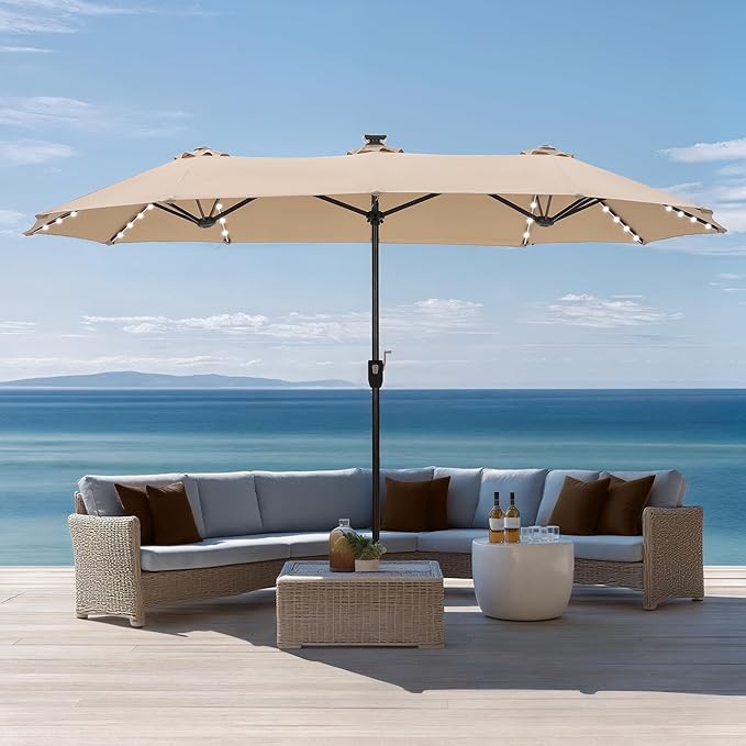 Sophia & William 13ft Outdoor Patio Umbrella with Solar Lights, Large Double-sided Umbrella with LED Lights, Perfect for Garden, Deck, Pool, Beige