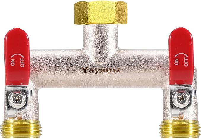 2 Way Garden Hose Splitter, Heavy Duty Brass Nickel Plated Rust Resistant Faucet Manifold, 3/4" Frost Resistant Outdoor Hose Adapter Connector，Hose Spigot Adapter with 2 large red handles