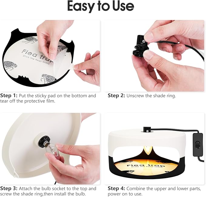 2 Pack Flea Traps for Inside Your Home, Indoor Flea Light Bed Bug Killer with 6 Light Bulb & 4 Sticky Pads Refills & Switch, Odorless Natural Insect Trap for Kid Pet, Safer Than Sprays & Powders