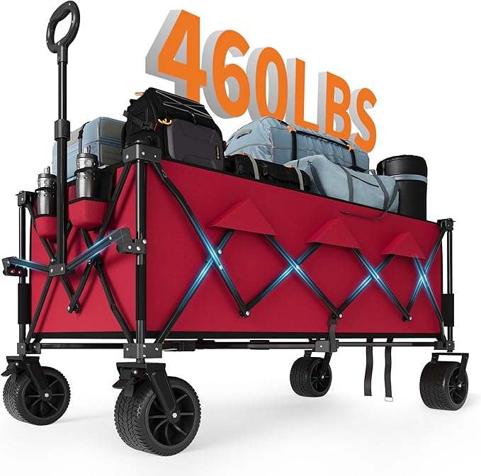 52" Foldable Wagon for Beach with 460LBS Weight Capacity, Heavy Duty 350L Extra Large Collapsible Foldable Wagon for Camping, All Terrain Beach Wagons Extended with Cup Holders for Sand