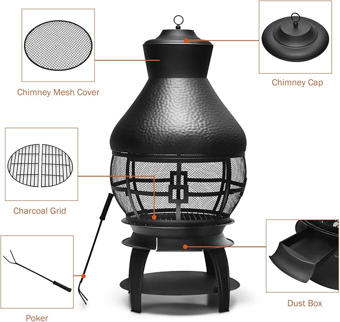 Giantex Wood Burning Chiminea, Heavy Duty Fireplace Chiminea Wooden Fire Pit with 2-Piece Log Grate, Premium Rain Cap & Fire Poker, 360°Fire Retardant Mesh Cover, Ideal for Garden, Patio, Backyard