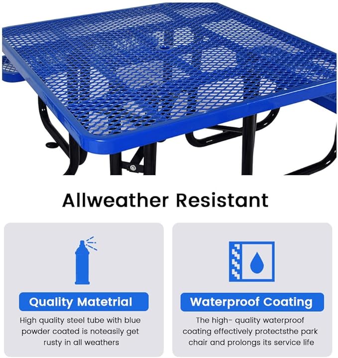 KUFUH 46" Square Metal Picnic Table for 4-8 Person, Durable Heavy Duty Commercial Picnic Table with Umbrella Hole for Outdoor Coffee Shop, School, Hospital, Easy to Install, Blue
