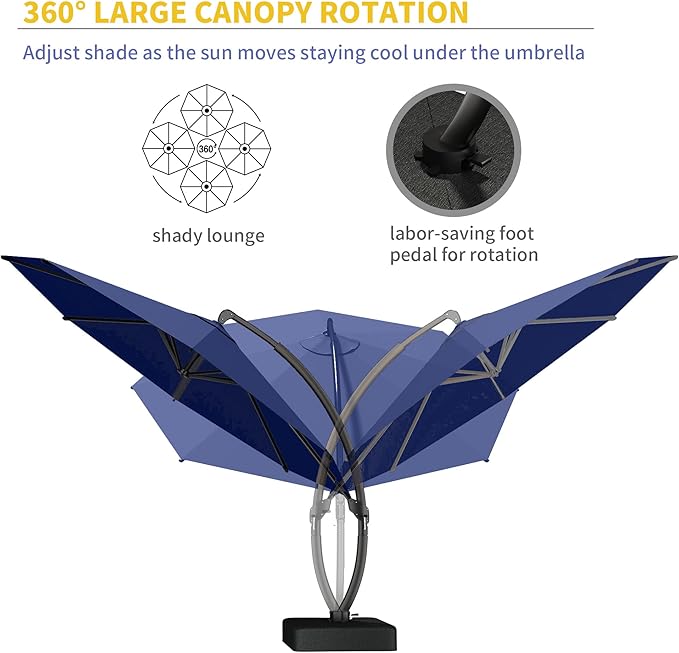 Kingdura 12ft Cantilever Patio Umbrella with Base Included, Large Round Offset Outdoor Pool Umbrella, 360° Rotation & Infinite Tilt, Heavy Duty Aluminum Frame for Deck Backyard, Navy blue