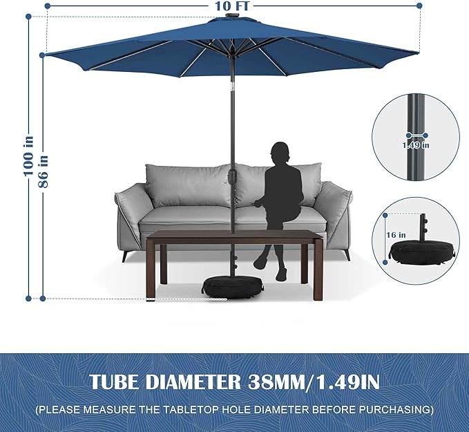 Sundale Outdoor Olefin 5-Year-Non-Fading Solar 88 LED 10FT Solar Patio Umbrella with Sand Bag Base, Outdoor Umbrella with Tilt and Crank, Navy