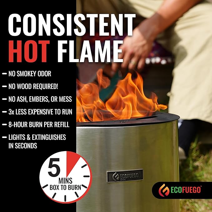 El Campo Portable Wax-Burning Fire Pit – Clean-Burning, No-Wood Fuel with 8-Hour Wax Refill – Compact and Durable for Camping, Travel, and Outdoor Use – Stainless Steel Finish