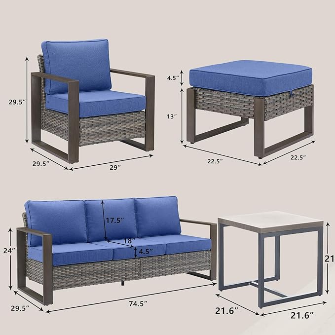 Outdoor Wicker Patio Furniture Set - 6 Piece Patio Conversation Set with 2 Wicker Armrest Chairs,2 Rattan Ottoman,1 Side Table and 1 Couch,Sturdy Frame,Thick Cushions,Deep Seating(Mixed Grey/Blue)