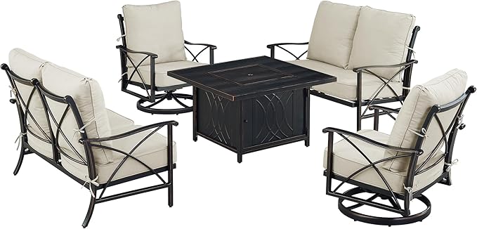 Oakland Living Black Aluminum Patio Fire Table Set with Two Deep Seating Loveseat with Cushions and Two Club Chairs
