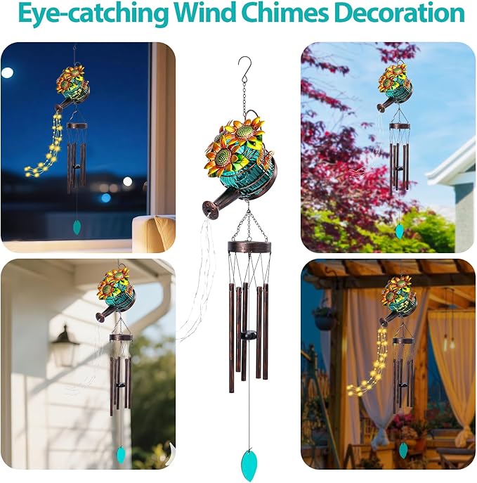 MUMTOP Solar Wind Chimes for Outside - Solar Watering Can Wind Chimes Outdoor Unique with String Warm Light, Glass Windchimes Clearance for Garden, Patio,Yard Decor Gift