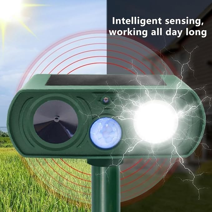Solar Powered Animal Repellent Motion Sensor for Gardens - Ultrasonic Outdoor Animal Repeller with Adjustable Frequency & Waterproof Design - Deer Repellent Devices Protect Yard from Damage