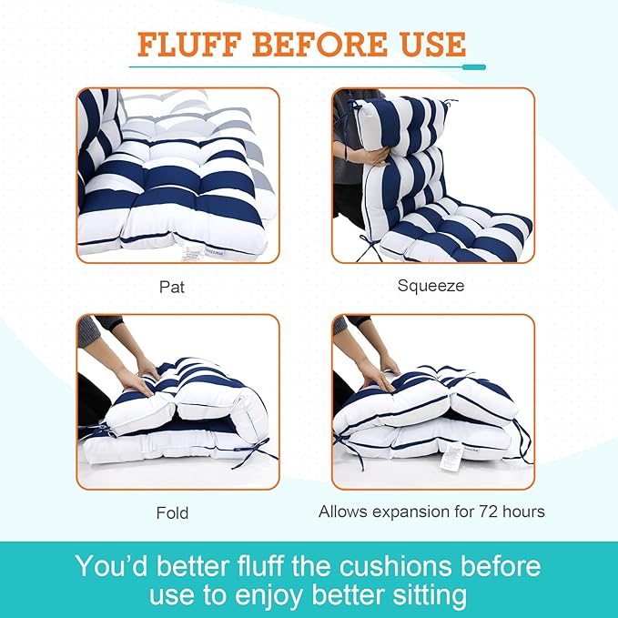 EAGLE PEAK Tufted Outdoor/Indoor High Back Patio Chair Cushions, Set of 2, 46'' x 22'', Navy Blue/White