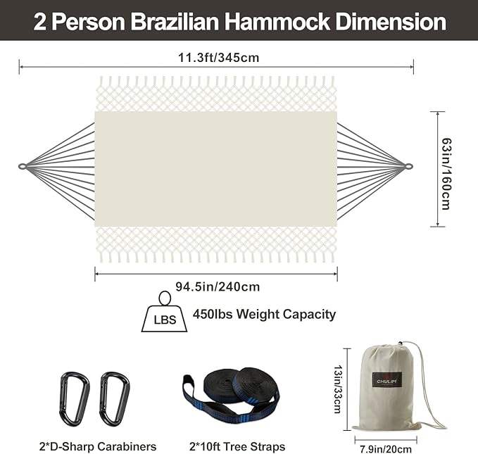CHULIM Brazilian Double Hammock with Tree Straps,Extra Large 94x63IN,2 Persons Hammock for Backyard Patio Outdoor Indoor,450lbs Weight Capacity,Soft Woven Cotton Fabric - Natrual White with Tassels